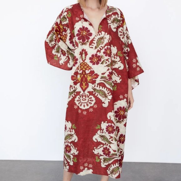 Zara Linen Blend Printed Tunic Dress Size M/L - Picture 7 of 13